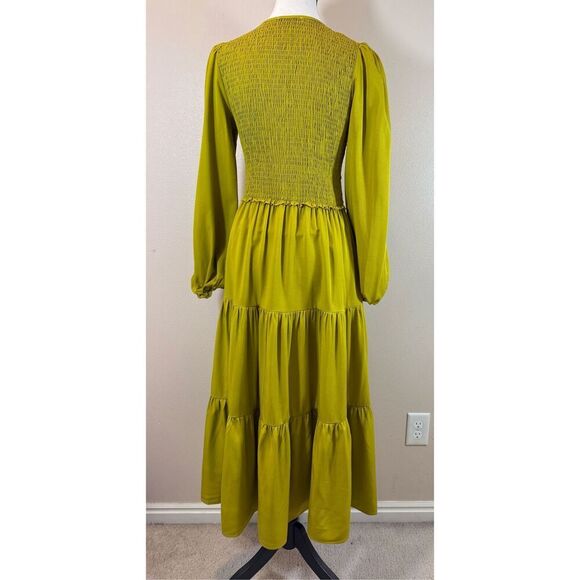 NWOT Bohme Smocked Tiered Chartreuse Lined Ruffle Maxi Dress Women's Small - Picture 4 of 12